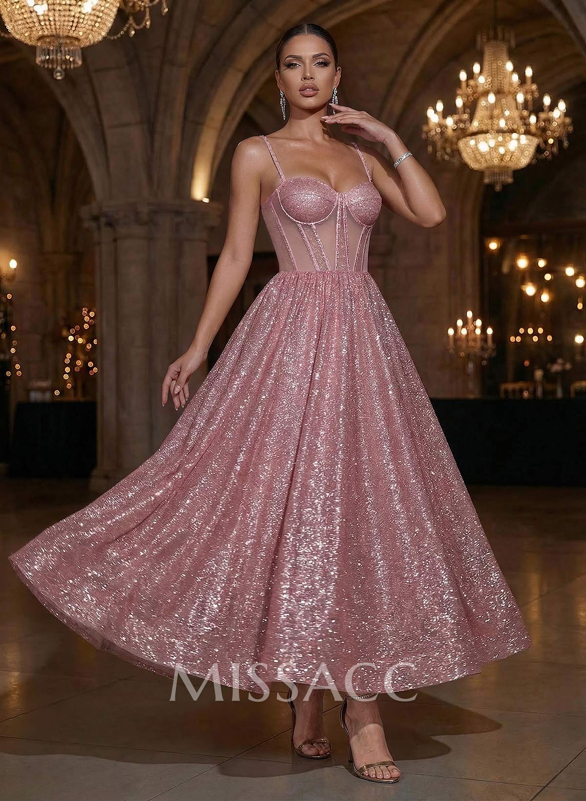 Sequined A-Line Ankle-Length Prom Dresses With Spaghetti Straps