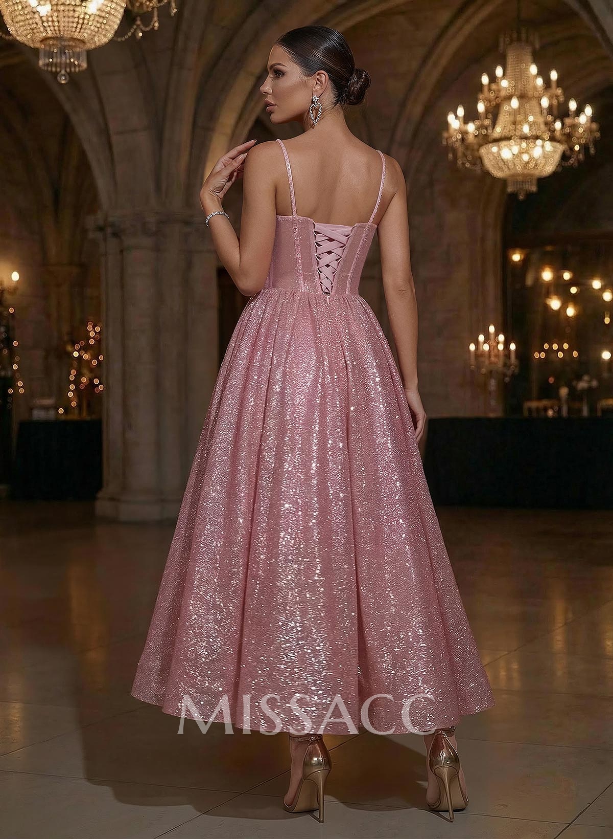 Sequined A-Line Ankle-Length Prom Dresses With Spaghetti Straps