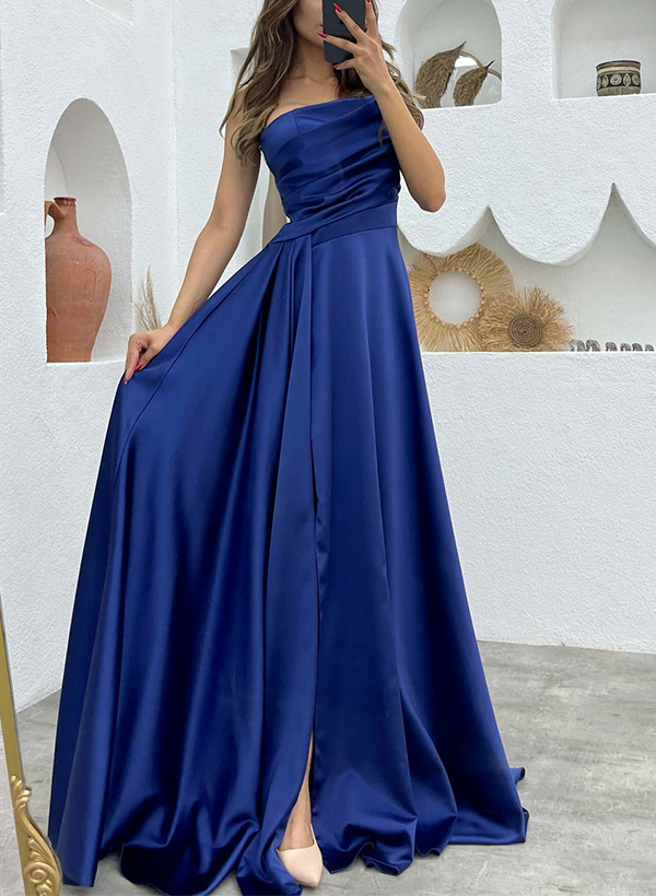 A-Line Strapless Sleeveless Floor-Length Satin Prom Dresses With Split Front