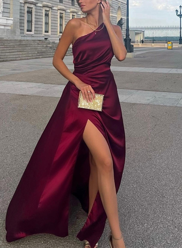 A-Line One-Shoulder Sleeveless Sweep Train Prom Dresses With Split Front