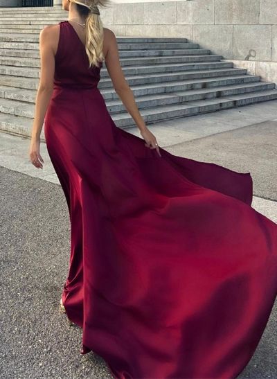 A-Line One-Shoulder Sleeveless Sweep Train Prom Dresses With Split Front