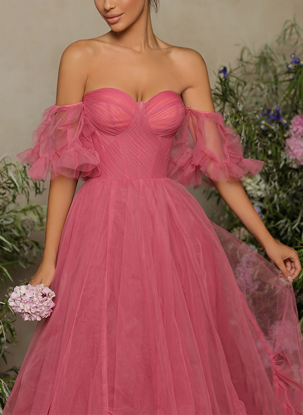 A-Line Off-The-Shoulder Sleeveless Floor-Length Tulle Prom Dresses