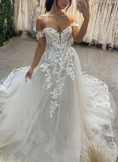 A-Line Off-The-Shoulder Sleeveless Sweep Train Lace/Tulle Wedding Dresses