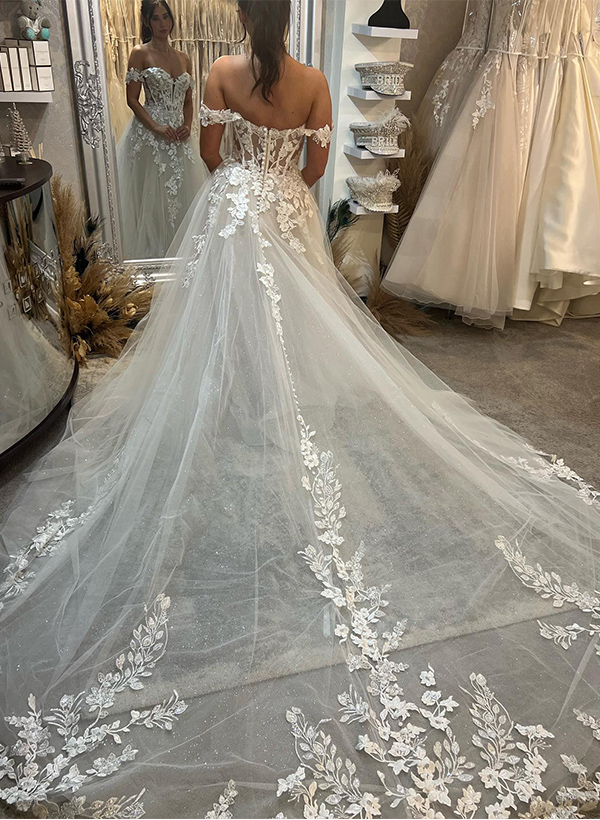 A-Line Off-The-Shoulder Sleeveless Sweep Train Lace/Tulle Wedding Dresses