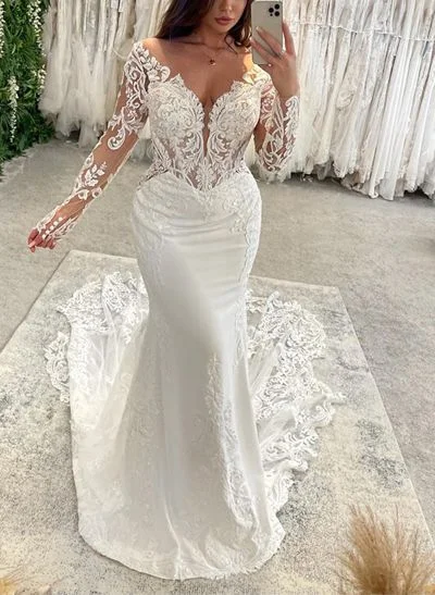Trumpet/Mermaid Off-The-Shoulder Long Sleeves Lace Wedding Dresses