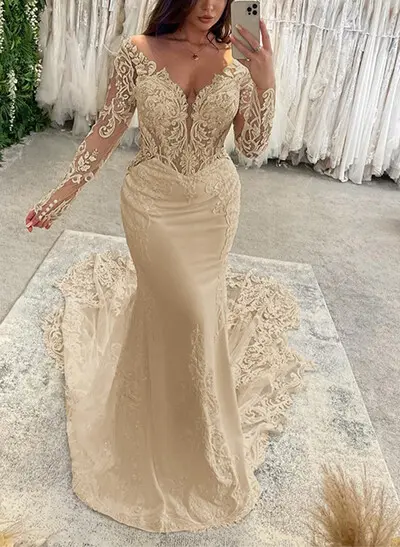 Missacc White Bride Trumpet/Mermaid Off-The-Shoulder Long Sleeves Lace Wedding Dresses