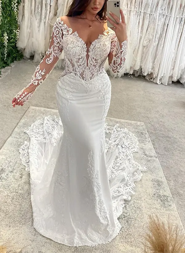Missacc Ivory Bride Trumpet/Mermaid Off-The-Shoulder Long Sleeves Lace Wedding Dresses