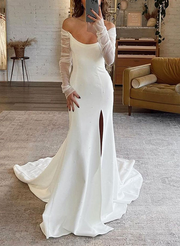 Mermaid Off-The-Shoulder Long Sleeves Wedding Dresses With Split Front/Beading