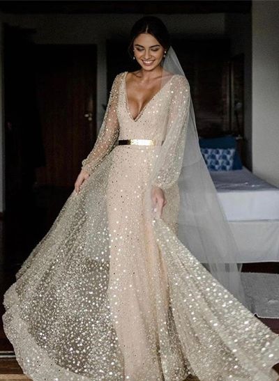 A-Line V-Neck Long Sleeves Sweep Train Sequined Wedding Dresses