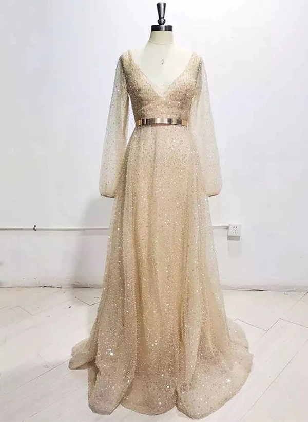 A-Line V-Neck Long Sleeves Sweep Train Sequined Wedding Dresses