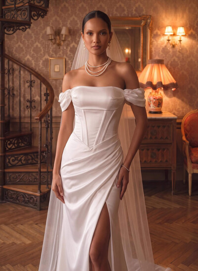 Sheath/Column Off-The-Shoulder Sleeveless Silk-Like Satin Wedding Dress With Sweep Train And Front Slit