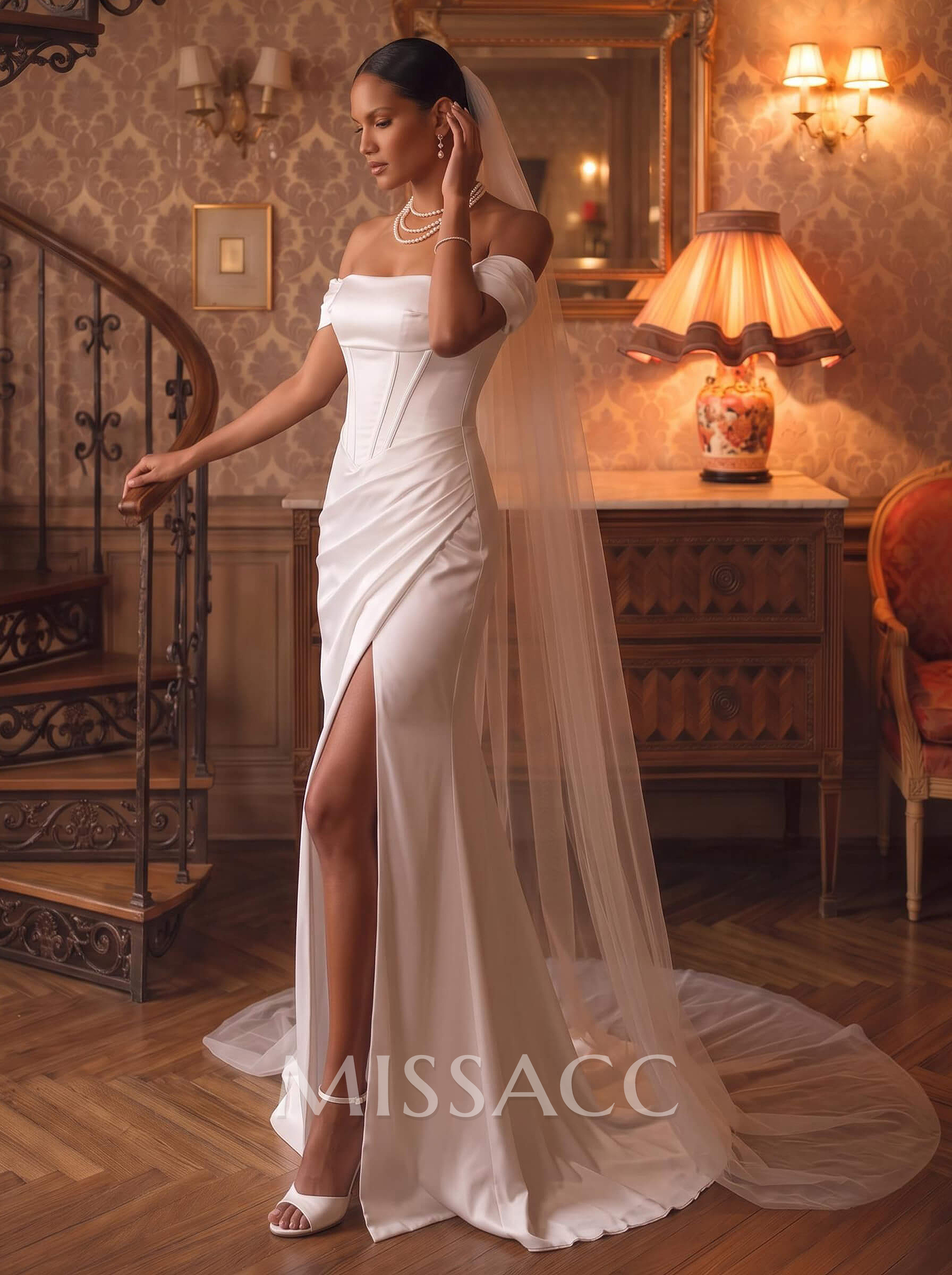 Sheath/Column Off-The-Shoulder Sleeveless Sweep Train Silk Like Satin Wedding Dresses With Split Front