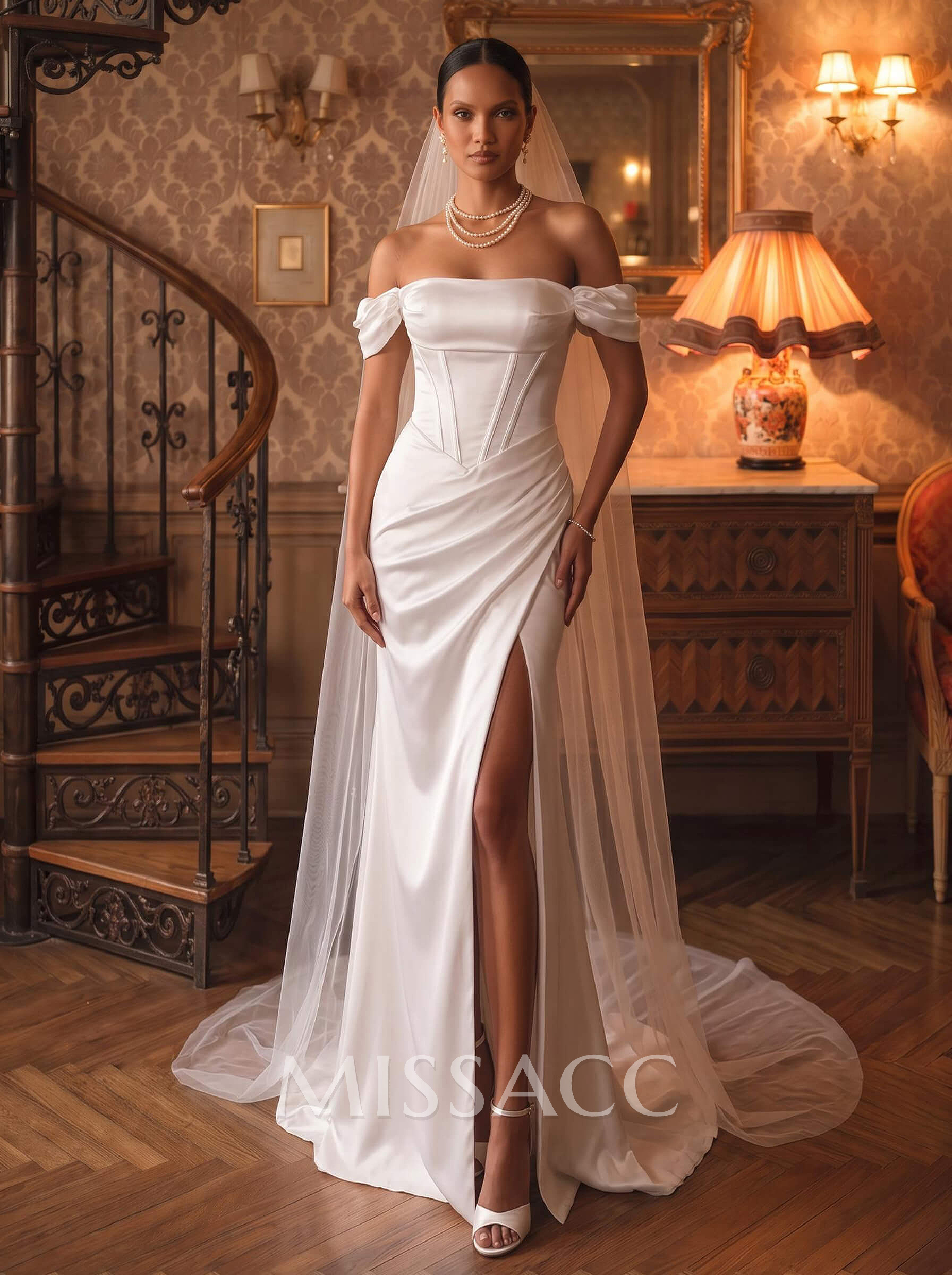 Sheath/Column Off-The-Shoulder Sleeveless Sweep Train Silk Like Satin Wedding Dresses With Split Front