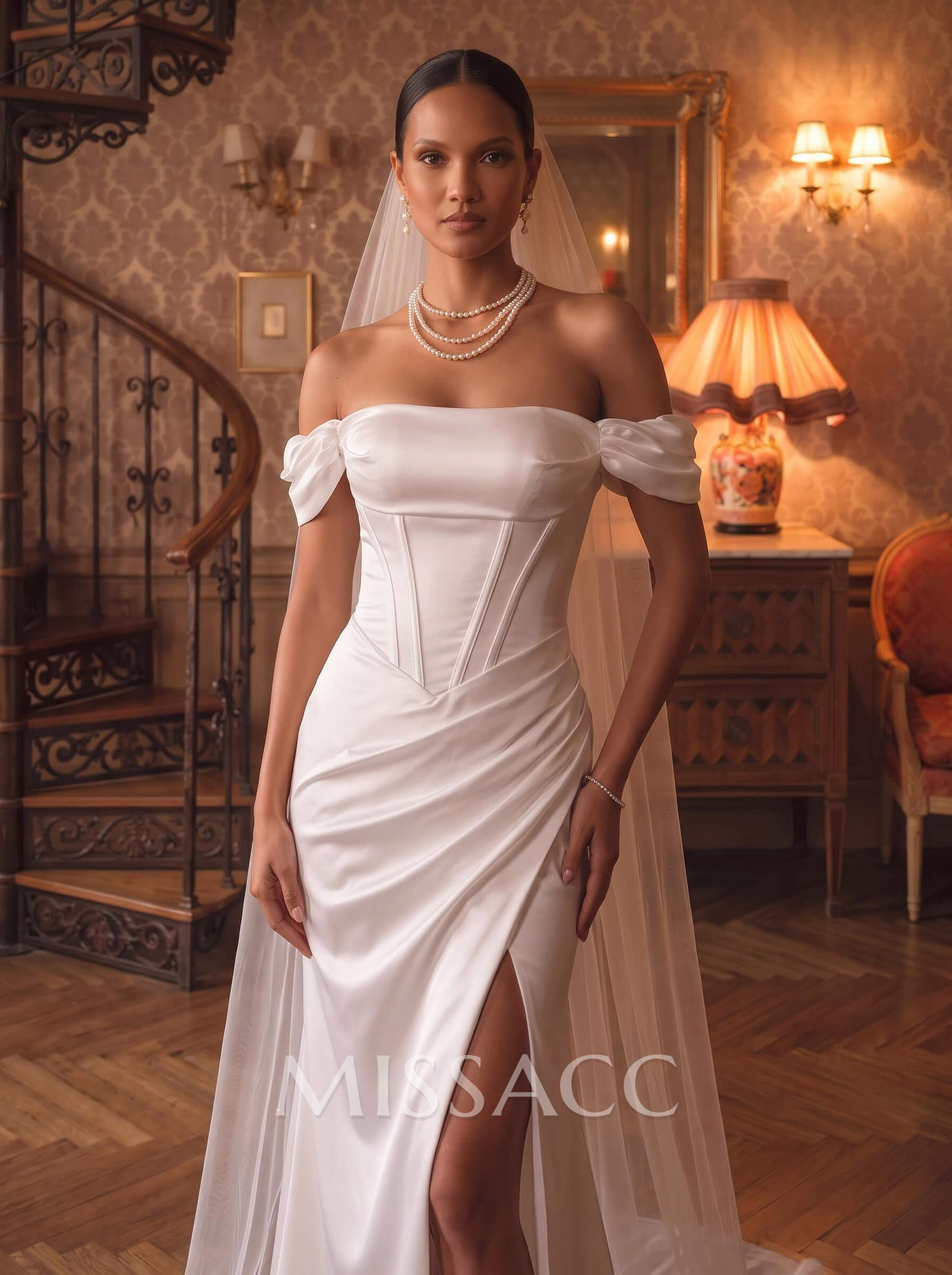 Sheath/Column Off-The-Shoulder Sleeveless Sweep Train Silk Like Satin Wedding Dresses With Split Front