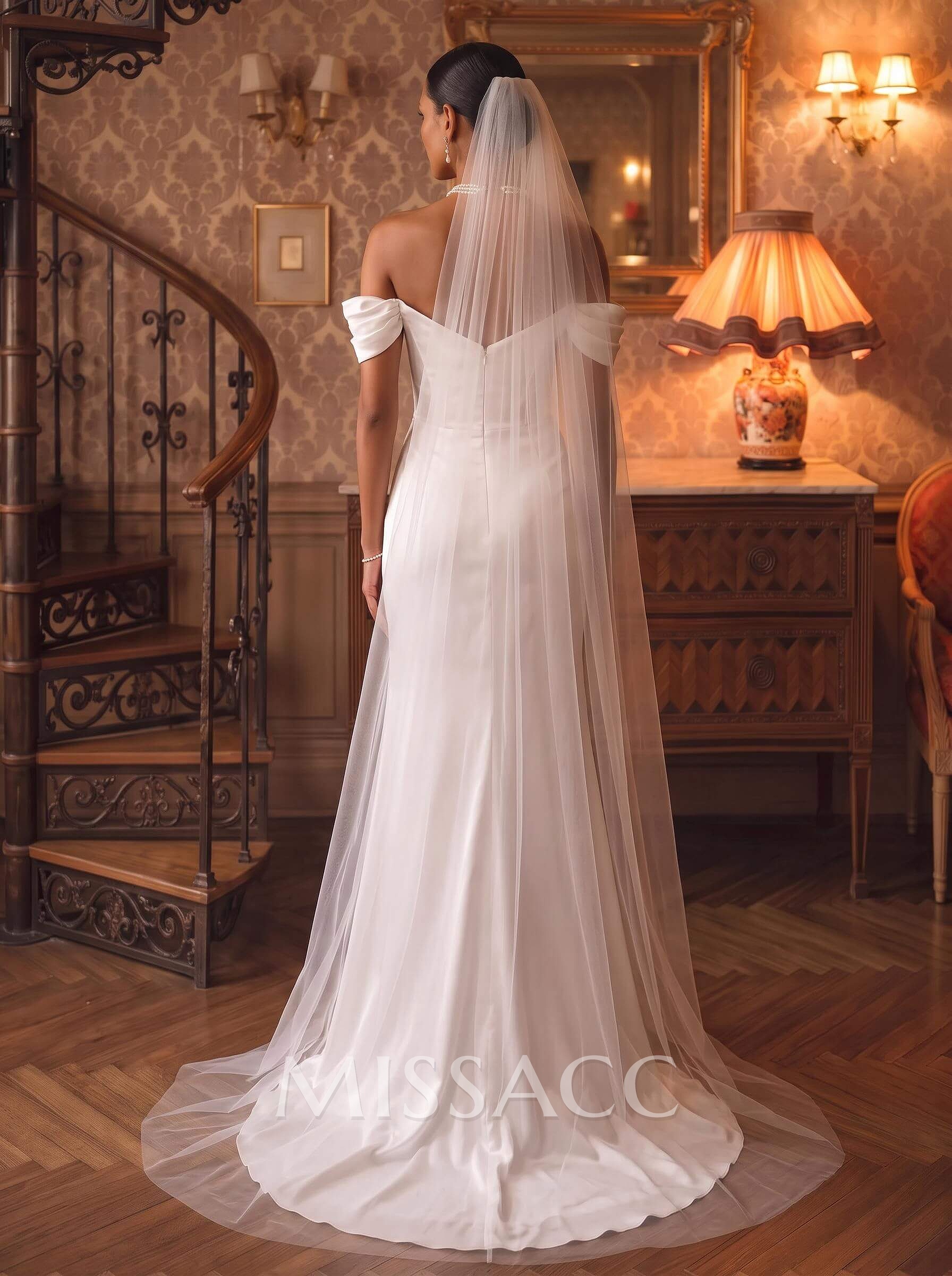 Sheath/Column Off-The-Shoulder Sleeveless Silk-Like Satin Wedding Dress With Sweep Train And Front Slit