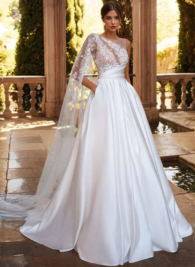 Ball-Gown Sweep Train Satin Wedding Dresses With Appliques Lace