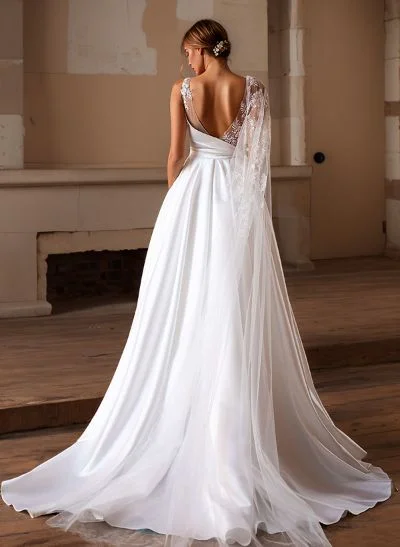 Ball-Gown Sweep Train Satin Wedding Dresses With Appliques Lace