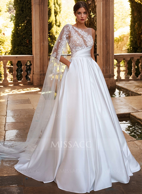 A-Line Sweep Train Satin Wedding Dresses With Appliques Lace