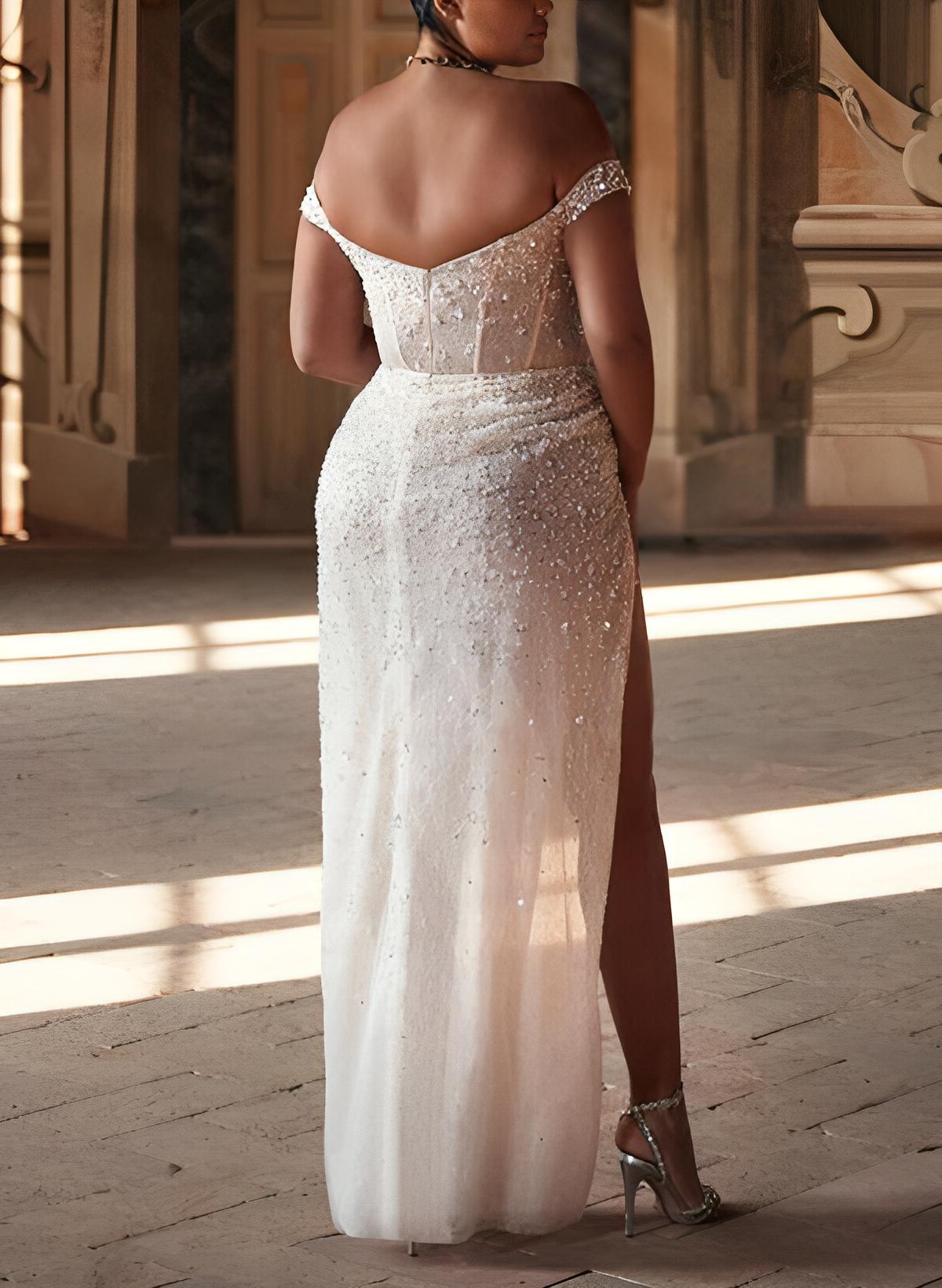 Plus Size Off-The-Shoulder Sleeveless Sweep Train Sequined Wedding Dresses