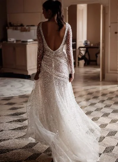 Sparkly V-Neck Long Sleeves Sweep Train Sequined Wedding Dresses With Split Front