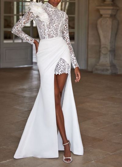 Fashion High Neck Long Sleeves Asymmetrical Lace Wedding Dresses