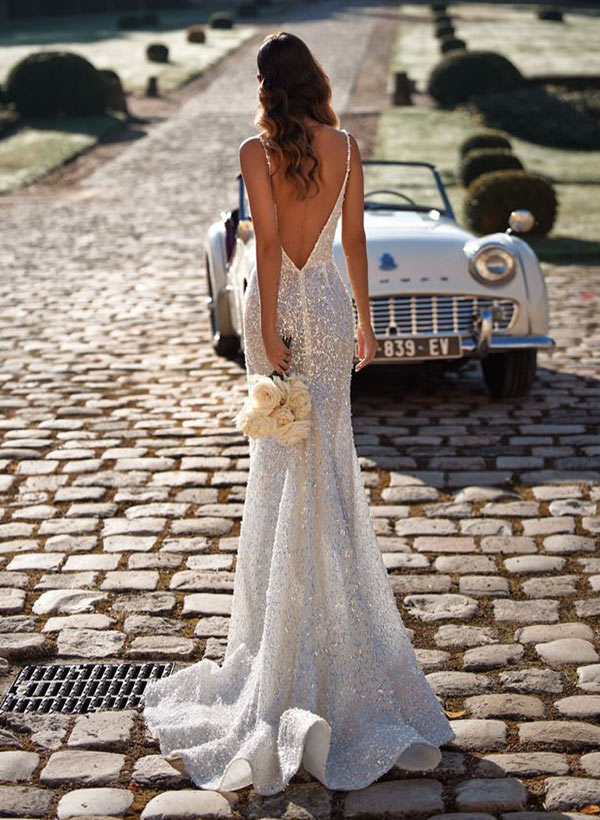 Sparkly V-Neck Sleeveless Sweep Train Sequined Wedding Dresses