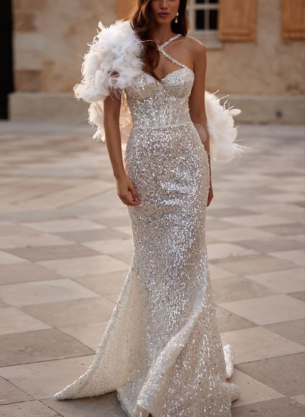 Sparkly Mermaid Sleeveless Sweep Train Sequined Wedding Dresses