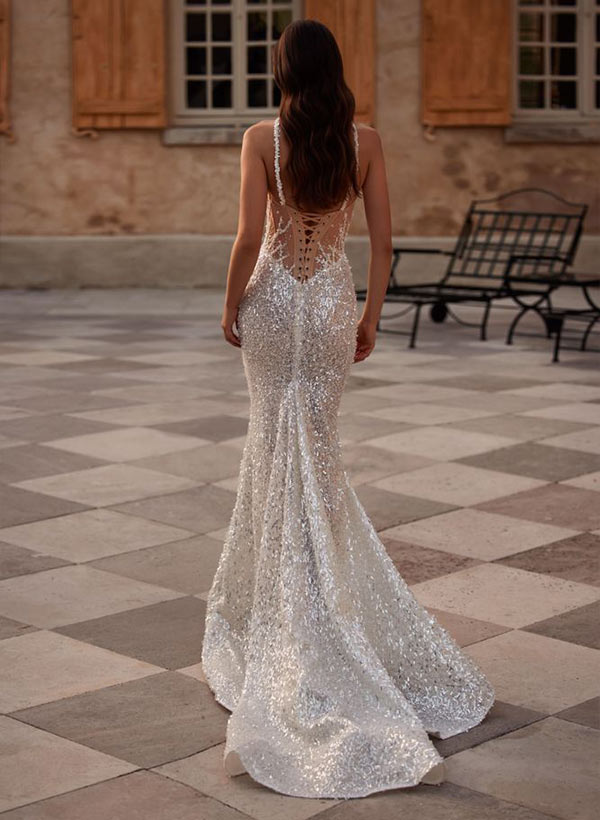 Sparkly Mermaid Sleeveless Sweep Train Sequined Wedding Dresses