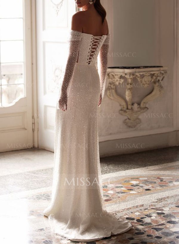 Sparkly Sheath One-Shoulder Long Sleeves Sweep Train Sequined Wedding Dresses