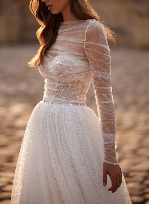 A-Line Illusion Neck Long Sleeves Sweep Train Tulle/Sequined Wedding Dresses