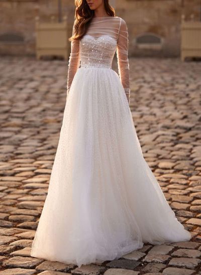 A-Line Illusion Neck Long Sleeves Sweep Train Tulle/Sequined Wedding Dresses