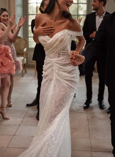 Sheath Off-The-Shoulder Sleeveless Sweep Train Sequined Wedding Dresses
