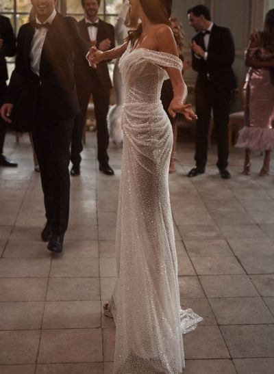 Sheath Off-The-Shoulder Sleeveless Sweep Train Sequined Wedding Dresses