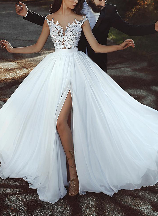 A-Line Illusion Neck Sleeveless Lace/Tulle Wedding Dresses With Split Front