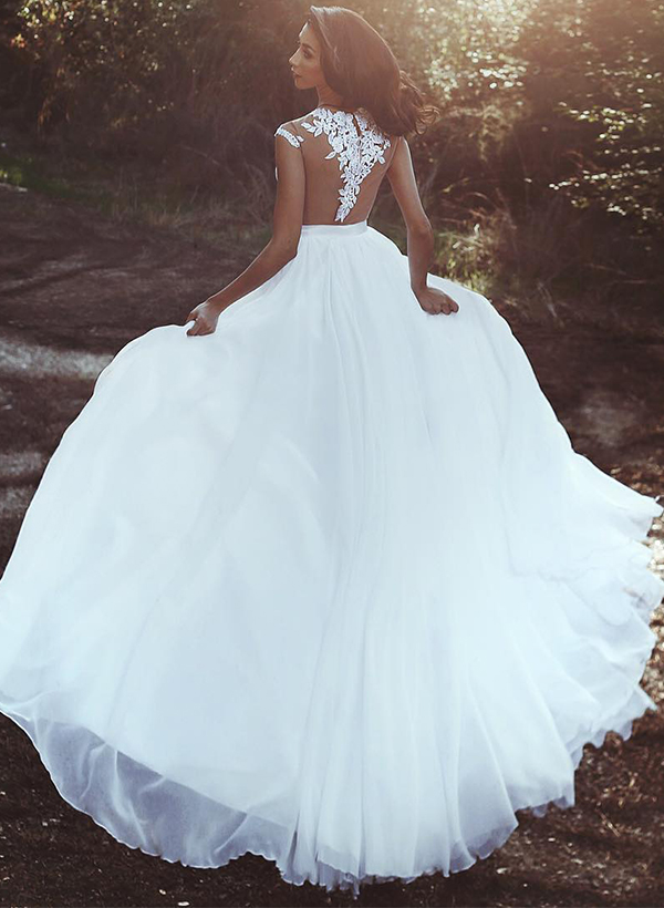 A-Line Illusion Neck Sleeveless Lace/Tulle Wedding Dresses With Split Front