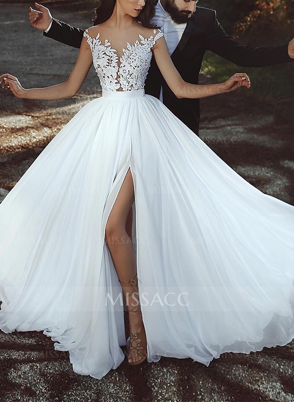 A-Line Illusion Neck Sleeveless Lace/Tulle Wedding Dresses With Split Front