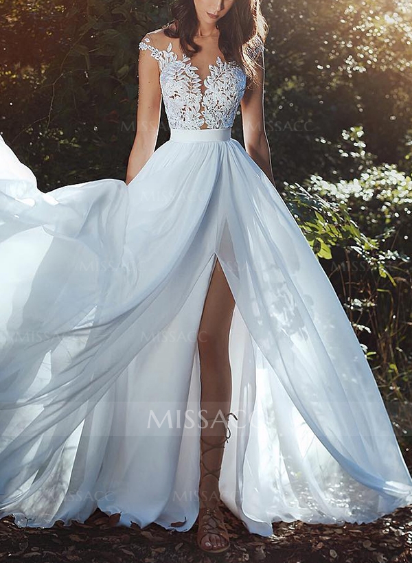 A-Line Illusion Neck Sleeveless Lace/Tulle Wedding Dresses With Split Front
