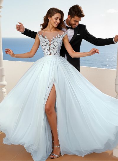 A-Line Illusion Neck Sleeveless Lace/Tulle Wedding Dresses With Split Front