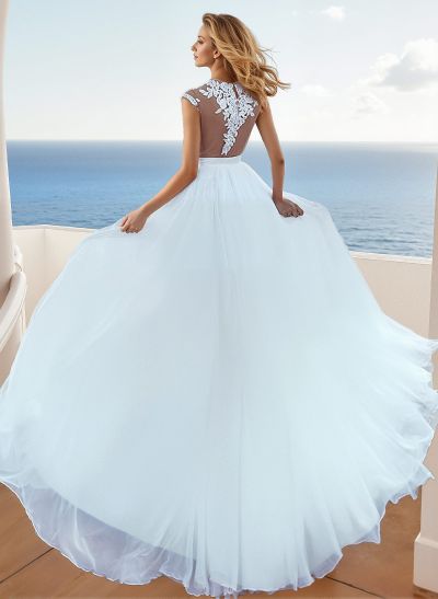 A-Line Illusion Neck Sleeveless Lace/Tulle Wedding Dresses With Split Front