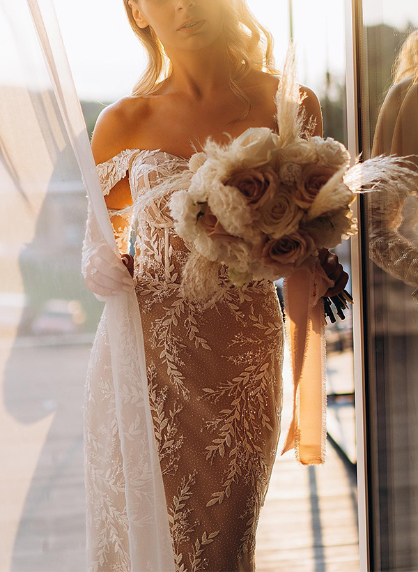 Sheath/Column Off-The-Shoulder Long Sleeves Lace Wedding Dresses
