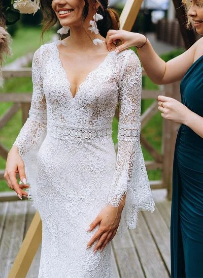 Trumpet/Mermaid V-Neck Long Sleeves Floor-Length Lace Wedding Dresses
