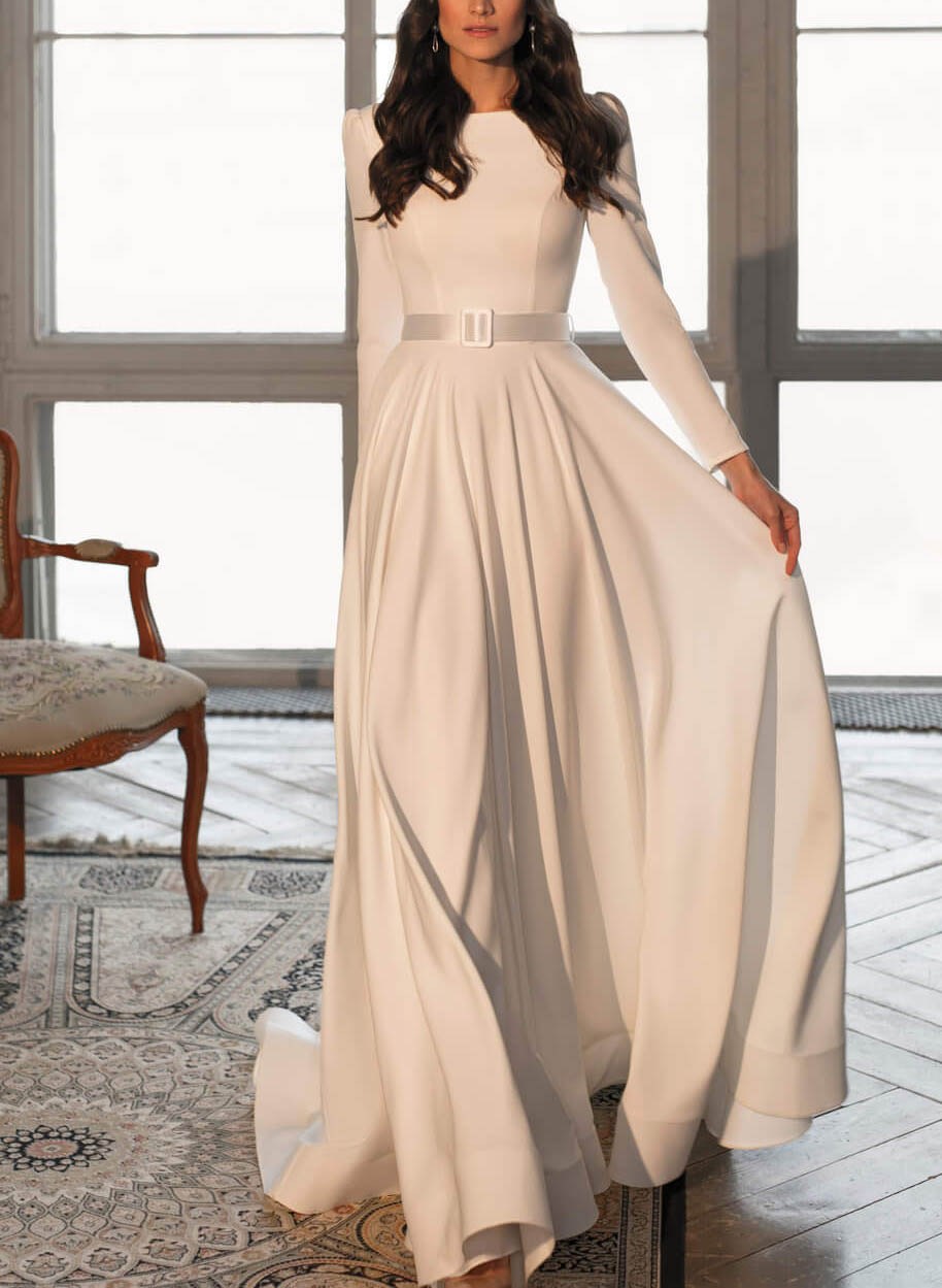 Elegant Simple Long Sleeves Satin Wedding Dresses With A-Line