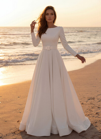 Elegant Simple Long Sleeves Satin Wedding Dresses With A-Line