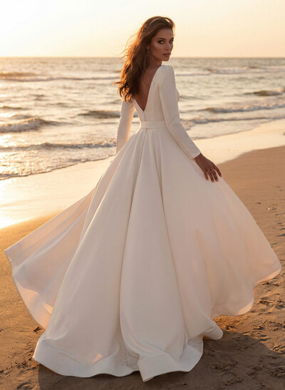 Elegant Simple Long Sleeves Satin Wedding Dresses With A-Line