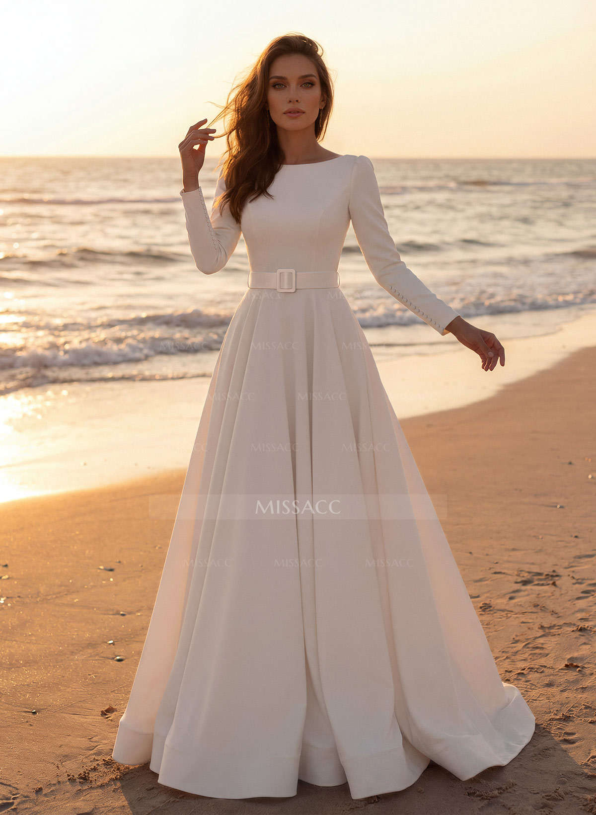Elegant Simple Long Sleeves Satin Wedding Dresses With A-Line