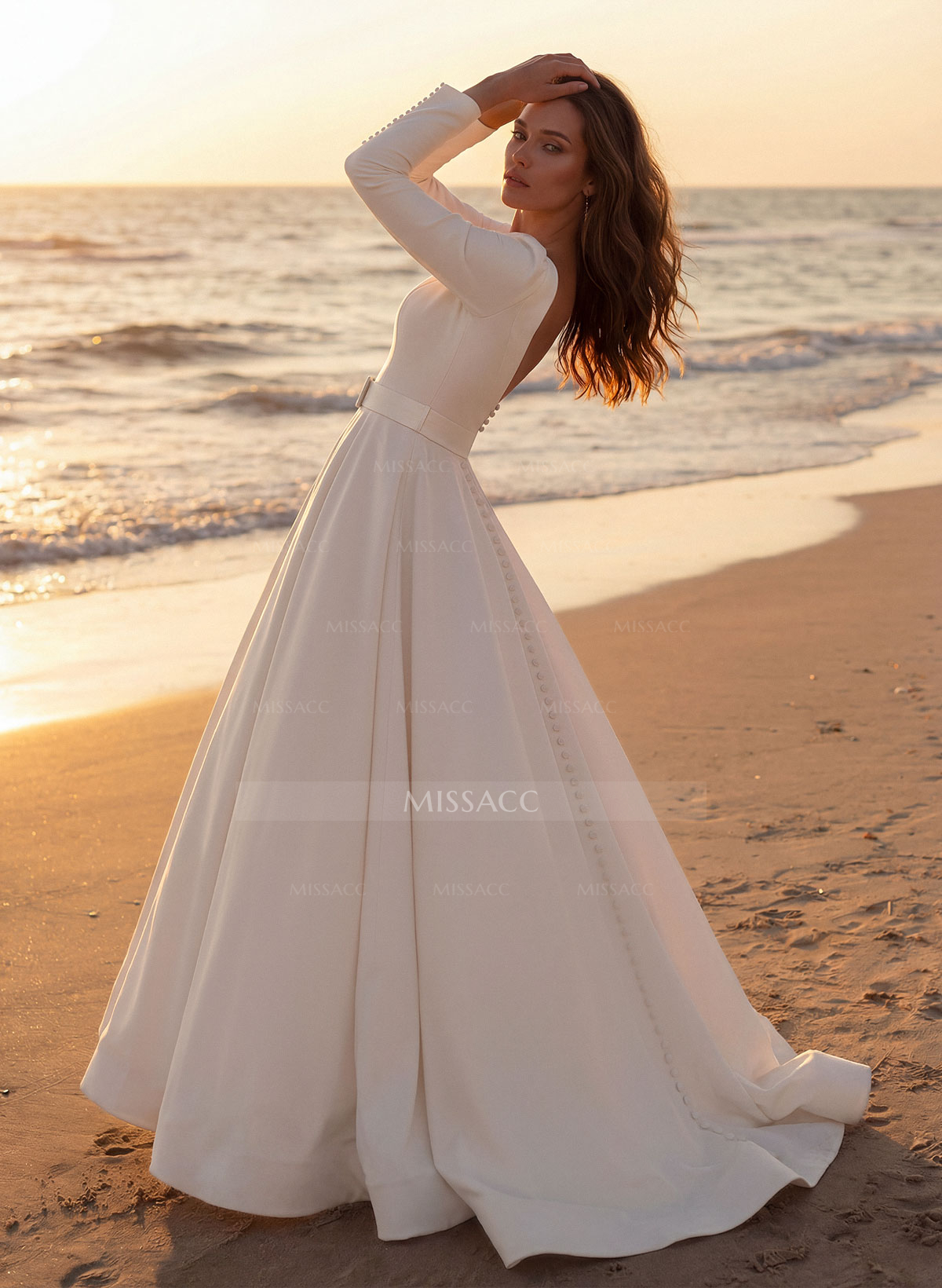 Elegant Simple Long Sleeves Satin Wedding Dresses With A-Line