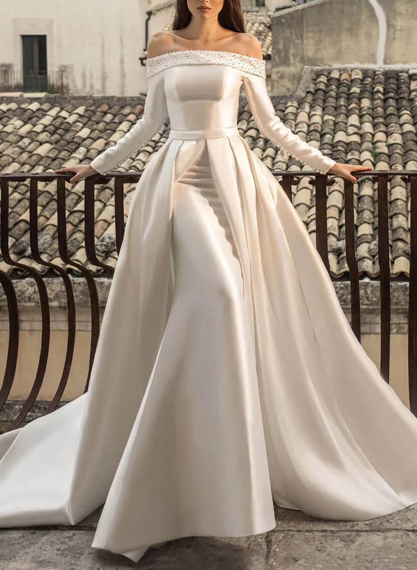 Off-The-Shoulder Long Sleeves Pearl Detachable Wedding Dresses - Missacc