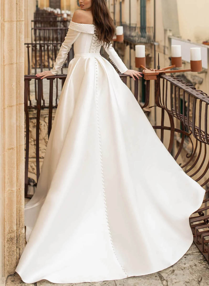 Off-The-Shoulder Long Sleeves Pearl Detachable Wedding Dresses