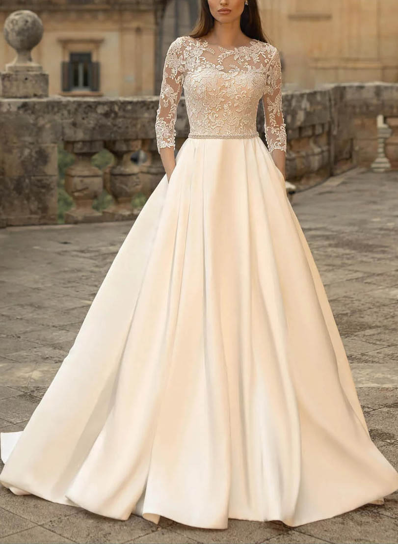 Classic Lace Sleeves Ball-Gown Satin Wedding Dresses