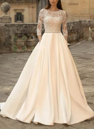 Elegant Ball-Gown Illusion Neck 3/4 Sleeves Court Train Lace/Twill Satin Wedding Dress With Beading